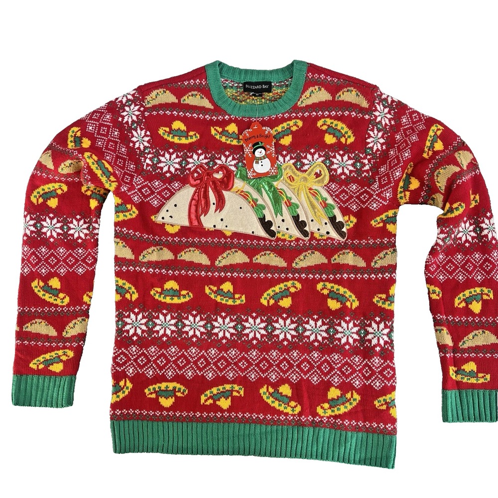 NEW Blizzard Bay Size M Ugly Christmas Sweater TACO Mexican Sombrero snowflake‎